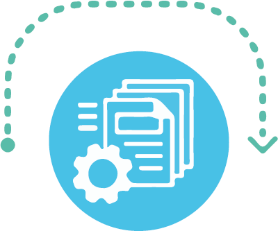 Graphic icon showing documents and a gear representing document processing, workflow automation, and design specification management.